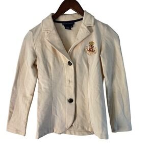Ralph Lauren Blazer‎ Jacket Knit Cream Button Front Embellished Logo Size S